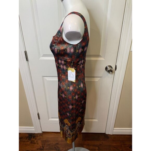 St. John Metallic Maroon, Green & Gold Geometric Pattern Sheath Dress, Size 2 - Picture 3 of 5